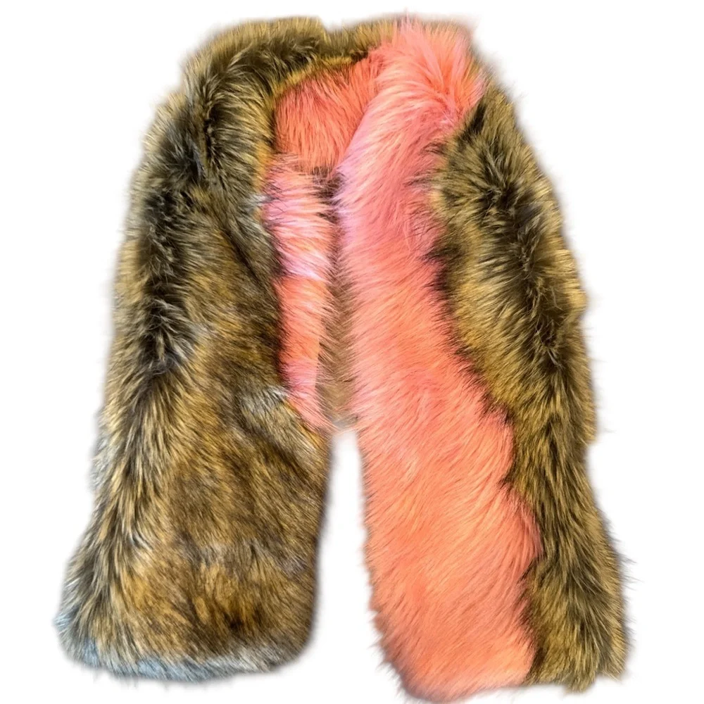Faux Fur Colorblock Wrap Scarf Pink & Brown Glam Statement Stole Size OS